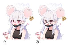 1girl absurdres animal_ears black_mask black_shirt blue_archive blush breasts dong_ji ear_tag extra_ears fang glasses grey_hair grey_halo hair_between_eyes halo highres long_hair looking_at_viewer mask mask_pull medium_breasts mouse_ears mouth_mask multiple_views navel open_mouth red_eyes saya_(blue_archive) saya_(casual)_(blue_archive) shirt simple_background skin_fang sleeveless sleeveless_shirt smile solo white_background