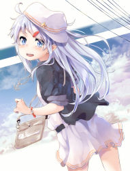 Rule 34 | 1girl, alternate costume, badge, bag, black jacket, blue eyes, blue sky, bracelet, casual, cloud, commentary request, cowboy shot, dress, flat cap, from behind, hair ornament, hairclip, handbag, hat, hibiki (kancolle), highres, jacket, jewelry, kantai collection, long hair, looking at viewer, looking back, open mouth, round teeth, sky, smile, solo, standing, star (symbol), taisho (gumiyuki), teeth, upper teeth only, verniy (kancolle), white dress, white hat