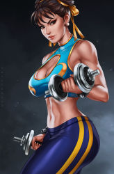 Rule 34 | 1girl, adapted costume, alternate costume, artist name, breasts, capcom, chun-li, cleavage, cleavage cutout, clothing cutout, dandon fuga, double bun, dumbbell, earrings, exercising, female focus, hair bun, hair ribbon, highres, jewelry, large breasts, looking at viewer, midriff, navel, ribbon, sleeveless, smile, solo, stomach, street fighter, street fighter zero (series), thick thighs, thighs, toned, weightlifting, weights