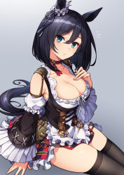 Rule 34 | 1girl, animal ears, black hair, black thighhighs, blue eyes, breasts, cleavage, closed mouth, commentary request, eishin flash (umamusume), grey background, hair between eyes, horse ears, horse girl, horse tail, looking at viewer, medium breasts, notice lines, simple background, solo, suneru, tail, thighhighs, thighs, umamusume