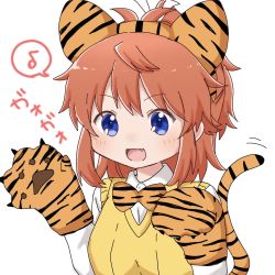 Rule 34 | 1girl, :d, animal ears, animal hands, blue eyes, blush, bow, bowtie, breasts, brown hair, chinese zodiac, collared shirt, commentary, eighth note, fake animal ears, fang, gloves, hair ribbon, hands up, highres, koshigaya natsumi, long hair, musical note, non non biyori, open mouth, orange bow, orange gloves, paw gloves, ponytail, print bow, print bowtie, ribbon, shika (s1ka), shirt, simple background, small breasts, smile, solo, spoken musical note, sweater vest, symbol-only commentary, tail, tail raised, tiger ears, tiger tail, translation request, upper body, white background, white ribbon, white shirt, year of the tiger
