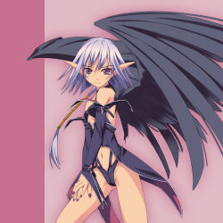 Rule 34 | 1girl, black wings, breasts, detached sleeves, f-ism, fang, fang out, fangs, halterneck, highres, light purple hair, long hair, midriff, murakami suigun, nail polish, navel, pointy ears, purple hair, purple nails, red eyes, small breasts, solo, wings