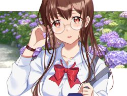 Rule 34 | 1girl, bad id, bad pixiv id, bag, blurry, blurry background, bow, breasts, brown hair, collarbone, collared shirt, commentary request, day, depth of field, dress shirt, flower, glasses, hair between eyes, hand up, holding strap, hydrangea, long hair, looking at viewer, medium breasts, niwata0, original, parted lips, purple flower, red bow, red eyes, round eyewear, school bag, school uniform, shirt, solo, teeth, upper teeth only, watch, white shirt, wristwatch