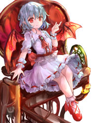 Rule 34 | 1girl, ascot, bat wings, blue hair, chair, closed mouth, full body, high heels, highres, ikazuchi akira, looking at viewer, no headwear, pink shirt, pink skirt, pointy ears, red ascot, red eyes, red footwear, remilia scarlet, shirt, short hair, short sleeves, sitting, skirt, socks, solo, touhou, white background, white socks, wings, wrist cuffs
