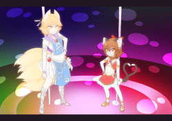 Rule 34 | 2girls, adapted costume, animal ears, blonde hair, brown hair, cat ears, cat tail, chen, commentary request, cosplay, cross-laced footwear, ear piercing, earrings, fox ears, fox tail, hand on own hip, heart tail duo, high heels, itsuki (kisaragi), jewelry, looking at viewer, midriff, multiple girls, multiple tails, navel, nekomata, panty &amp; stocking with garterbelt, panty (psg), panty (psg) (cosplay), parody, piercing, pole, shirt, single earring, skirt, smile, stage, stocking (psg), stocking (psg) (cosplay), stripper pole, tail, touhou, yakumo ran, yellow eyes