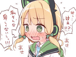 Rule 34 | 1girl, animal ear headphones, animal ears, ayanepuna, blonde hair, blue archive, blue necktie, blush, bow, collared shirt, commentary request, fake animal ears, flying sweatdrops, green bow, green eyes, hair bow, headphones, jacket, long hair, midori (blue archive), necktie, nose blush, open mouth, shirt, sidelocks, simple background, solo, translation request, upper body, wavy mouth, white background, white jacket, white shirt