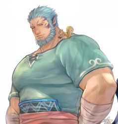 Rule 34 | 1boy, animal ears, bad id, bad twitter id, bandages, bara, beard, blue hair, blue shirt, blush, cross-laced clothes, cross-laced top, facial hair, fire emblem, highres, large pectorals, male focus, mature male, mordecai (fire emblem), muscular, muscular male, nintendo, on shoulder, pectorals, sdz (inazuma), shirt, short hair, smile, solo, squirrel, tiger boy, tiger ears, upper body, v-neck, white background