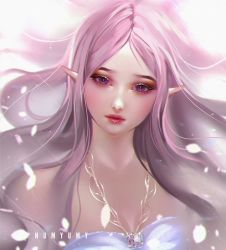 Rule 34 | 1girl, artist name, bad deviantart id, bad id, bare shoulders, blurry, closed mouth, depth of field, dress, elf, eyeshadow, gem, head tilt, jewelry, light smile, long hair, looking at viewer, makeup, necklace, numyumy, original, pendant, petals, pink hair, pointy ears, portrait, purple dress, purple eyes, red lips, simple background, solo, strapless, strapless dress, upper body, white background