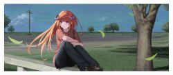 Rule 34 | 1girl, absurdres, arknights, bagpipe (arknights), black pants, blue eyes, border, brown footwear, cable, casual, cloud, commentary, crossed arms, falling leaves, gaai, grass, highres, horizon, horns, leaf, light blush, loafers, long hair, orange hair, orange shirt, pants, railing, road, shirt, shoes, sitting, sitting on object, smile, solo, tree, utility pole, white border