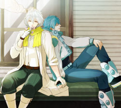 Rule 34 | 10s, 2boys, bad id, bad pixiv id, blue hair, boots, clear (dramatical murder), dramatical murder, flower, ghost, gloves, holding hands, hand on another&#039;s head, hiki yuichi, jacket, multiple boys, scarf, seragaki aoba, sitting, tears, white hair