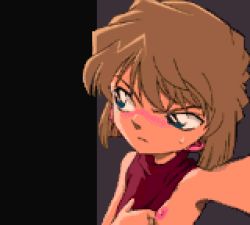 Rule 34 | 1girl, blue eyes, blush, breasts, brown hair, exhibitionism, game boy advance, haibara ai, handheld game console, looking away, lowres, meitantei conan, nipples, no bra, one breast out, outstretched arm, pixel art, public indecency, saiwai hiroshi, selfie, short hair, sleeveless, small breasts, solo, sweatdrop, turtleneck
