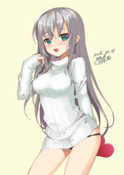 Rule 34 | 10s, 1girl, 2016, arm behind back, black panties, box, breasts, dasoku sentarou, dated, green eyes, heart, heart-shaped box, long hair, no pants, open mouth, original, panties, ribbed sweater, signature, silver hair, simple background, skindentation, solo, sweater, turtleneck, underwear, valentine, yellow background
