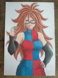 Rule 34 | absurdres, android 21, armpits, bandai, bare shoulders, black nails, black sleeves, blue eyes, breasts, brown hair, clothes, cookie, curly hair, dragon ball, dragon ball fighterz, dragon ball super, food, glasses, highres, large breasts, light smile, long hair, shueisha, toei animation, toriyama akira (style), traditional media, vomi (dragon ball), yamidanight