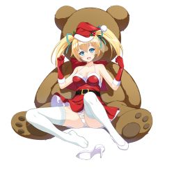 Rule 34 | 10s, 1girl, belt, belt skirt, blonde hair, blue eyes, breasts, cle masahiro, cleavage, feet, full body, fur trim, gloves, hair ribbon, hat, high heels, highres, large breasts, long hair, looking at viewer, official art, open mouth, panties, pumps, ribbon, santa costume, santa hat, shoes, skirt, solo, spaghetti strap, stuffed animal, stuffed toy, teddy bear, thighhighs, transparent background, twintails, underwear, unworn shoes, valkyrie drive, valkyrie drive -mermaid-, valkyrie drive -siren-, white panties, white thighhighs