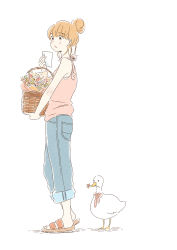 Rule 34 | 1girl, :o, absurdres, animal, backlighting, bare arms, basket, bird, blunt bangs, blush stickers, brown eyes, denim, duck, flower, flower basket, from side, full body, hair bun, hand up, highres, holding, holding basket, holding paper, itunohika, jeans, leg lift, light brown hair, looking away, note, open mouth, original, pants, pants rolled up, paper, pink ribbon, pocket, red footwear, ribbon, sandals, shadow, simple background, single hair bun, sleeveless, standing, tareme, white background