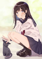 Rule 34 | 1girl, animal, black cat, black footwear, black hair, black socks, blue eyes, blue sailor collar, blue skirt, blush, cat, closed mouth, commentary request, day, fingernails, from side, full body, hand on own face, hand up, head rest, highres, loafers, long hair, long sleeves, looking at viewer, looking to the side, minasenagi, miniskirt, original, petting, pleated skirt, red neckwear, sailor collar, school uniform, serafuku, shadow, shirt, shoes, skirt, sleeves past wrists, socks, solo, squatting, sunlight, thighs, white shirt