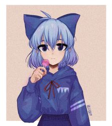 Rule 34 | 1girl, alternate costume, archirai, blue bow, blue eyes, blue hair, blue hoodie, bow, brown background, candy, cirno, closed mouth, commentary, english commentary, food, hair between eyes, hair bow, holding, holding candy, holding food, holding lollipop, hood, hood down, hoodie, lollipop, long sleeves, looking at viewer, medium hair, neck ribbon, red ribbon, ribbon, simple background, solo, touhou, upper body
