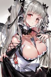 Rule 34 | 1girl, azur lane, bare shoulders, between breasts, black dress, black nails, blush, breasts, cleavage, dress, flight deck, formidable (azur lane), frilled dress, frills, grey hair, hair ribbon, hand up, head tilt, highres, jewelry, large breasts, long hair, long sleeves, looking at viewer, nail polish, parted lips, red eyes, ribbon, rigging, simple background, skirt hold, solo, soraneko hino, twintails, two-tone dress, very long hair