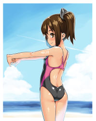Rule 34 | 10s, 1girl, alternate costume, armpits, ass, back, backless outfit, bad id, bad pixiv id, beach, black one-piece swimsuit, blush, breasts, brown eyes, brown hair, character name, cloud, competition swimsuit, contrail, cowboy shot, day, from behind, gengorou, hair ornament, high ponytail, i-401 (kancolle), interlocked fingers, kantai collection, light smile, one-piece swimsuit, outdoors, outstretched arms, pink one-piece swimsuit, ponytail, profile, shiny skin, short hair, short ponytail, sky, small breasts, smile, solo, standing, stretching, sun tattoo, swimsuit, tan, tanline, tattoo, water