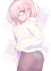 Rule 34 | 1girl, alternate costume, ass, blush, breasts, collared shirt, dress shirt, fate/grand order, fate (series), glasses, hair over one eye, highres, large breasts, light purple hair, long sleeves, looking at viewer, mash kyrielight, pantyhose, purple eyes, saipaco, shirt, short hair, smile, thighs, white shirt