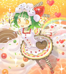 Rule 34 | bad id, bad pixiv id, cake, chocolate, food, food-themed clothes, food as clothes, fruit, green hair, happy, heart, inase, orange eyes, pantyhose, pastry, short hair, solo, strawberry, striped clothes, striped pantyhose, sweets, thighhighs