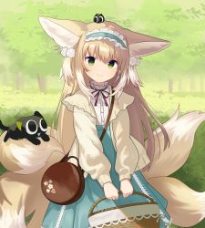 Rule 34 | 1girl, animal, animal ear fluff, animal ears, arknights, bag, basket, black cat, blue hairband, blue skirt, brown jacket, cat, closed mouth, commentary, crossover, day, english commentary, fox ears, fox girl, fox tail, frilled hairband, frills, hairband, heixiu, high-waist skirt, highres, hiruver, holding, holding basket, jacket, kitsune, light brown hair, long hair, long sleeves, looking at viewer, luo xiaohei, multicolored hair, neck ribbon, on head, open clothes, open jacket, outdoors, puffy long sleeves, puffy sleeves, red ribbon, ribbon, shirt, shoulder bag, skirt, smile, suzuran (arknights), suzuran (spring praise) (arknights), tail, luo xiaohei zhanji, tree, two-tone hair, very long hair, white hair, white shirt