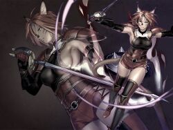 Rule 34 | 1girl, adventurer (ff11), animal ear fluff, animal ears, armor, black gloves, breasts, cat ears, cat girl, cat tail, elbow gloves, facial mark, final fantasy, final fantasy xi, fingerless gloves, gloves, grey headband, headband, highres, holding, holding sword, holding weapon, medium breasts, mithra (ff11), no bra, no eyebrows, parted lips, red armor, red gloves, red hair, red shorts, scorpion harness, short hair, short shorts, shorts, shoulder armor, sideboob, smile, sword, tail, thighhighs, two-tone gloves, weapon, whisker markings, white eyes, yuccoshi