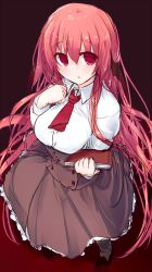 Rule 34 | 1girl, absurdly long hair, book, breasts, expressionless, from above, full body, gradient background, hair between eyes, hand up, holding, holding book, koakuma, large breasts, light blush, long hair, long sleeves, looking at viewer, necktie, no vest, pandamonium, pantyhose, parted lips, petticoat, red background, red eyes, red hair, red necktie, simple background, skirt, solo, standing, touhou, very long hair, wing collar