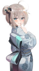 Rule 34 | 1girl, ahoge, back bow, blue eyes, bow, finger to mouth, floral print, from behind, hair bun, hair ornament, hairclip, highres, japanese clothes, kimono, looking at viewer, looking back, obi, original, platinum blonde hair, sash, simple background, single hair bun, smile, solo, torriet, white background