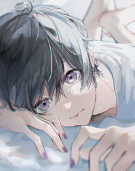 Rule 34 | 1boy, barefoot, bishounen, black hair, blurry, closed mouth, dangle earrings, depth of field, earrings, expressionless, highres, jewelry, looking at viewer, lying, male focus, nail polish, on stomach, original, purple eyes, purple nails, sai gumi, shirt, short hair, sparkle, the pose, white shirt