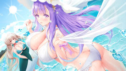 Rule 34 | 2girls, ahoge, ass, azur lane, bare arms, bare shoulders, bikini, blue bikini, braid, braided bun, breasts, butt crack, choker, cleavage, day, double bun, dutch angle, formidable (azur lane), formidable (the lady of the beach) (azur lane), frilled bikini, frills, hair bun, hair ornament, halterneck, hands up, hat, highres, holding, inflatable toy, inflatable whale, large breasts, long hair, looking at viewer, looking back, multi-strapped bikini top, multiple girls, official art, outdoors, plymouth (azur lane), purple eyes, purple hair, red choker, silveroid, standing, string bikini, sun hat, sunlight, swimsuit, thighs, twintails, very long hair, water, wet, white bikini, white hair, white headwear