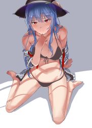 Rule 34 | 1girl, absurdres, aged up, arm support, bikini, bikini under clothes, blue hair, blush, breasts, cleavage, food, from above, front-tie top, fruit, hat, highres, hinanawi tenshi, large breasts, long hair, neropaso, peach, red eyes, shadow, sitting, sweat, swimsuit, swimsuit under clothes, thighs, touhou
