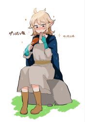 Rule 34 | 1girl, absurdres, blonde hair, blue cape, blue eyes, blush, boots, brown footwear, cape, chicken (food), dress, dungeon meshi, eating, elbow gloves, elf, fingerless gloves, fionil (dungeon meshi), food, gloves, grass, grey dress, highres, kirukiruababa, medium hair, pointy ears, rock, sitting, sitting on rock, sparkle, translated, white background