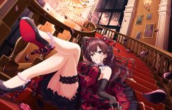 Rule 34 | blue eyes, brown hair, candle, gloves, ichinose shiki, idolmaster, idolmaster cinderella girls, official art, painting (object), petals, stairs, thighs, window