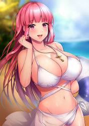 Rule 34 | 1girl, :d, absurdres, beach, bikini, blurry, blush, breasts, collarbone, cowboy shot, cross, day, depth of field, tucking hair, highres, large breasts, long hair, looking at viewer, marianne (unholy sanctuary), navel, open mouth, pink eyes, pink hair, sarong, sidelocks, smile, solo, swimsuit, unholy sanctuary, uzura (moimoi), white bikini