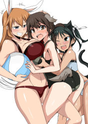 Rule 34 | 3girls, @ @, animal ears, ass, ball, bare shoulders, beachball, bikini, black hair, blue eyes, blush, grabbing another&#039;s breast, breast press, breasts, brown hair, bullying, cat ears, cat tail, charlotte e. yeager, dog ears, francesca lucchini, gertrud barkhorn, girl sandwich, grabbing, green eyes, grin, groin, groping, hair ribbon, highres, komusou (jinrikisha), large breasts, leg between thighs, long hair, low twintails, multiple girls, one-piece swimsuit, one eye closed, orange hair, rabbit ears, rabbit girl, red bikini, ribbon, sandwiched, smile, strike witches, sweatdrop, swimsuit, tail, twintails, wavy mouth, wink, world witches series