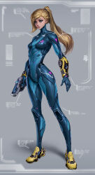 Rule 34 | 1girl, blonde hair, blue bodysuit, blue eyes, bodysuit, breasts, closed mouth, commentary, expressionless, full body, grey background, high ponytail, highres, holding, holding weapon, imdrunkontea, lips, long hair, metroid, mole, mole under mouth, nintendo, paralyzer, ponytail, redesign, samus aran, simple background, skin tight, small breasts, solo, standing, turtleneck, weapon, zero suit