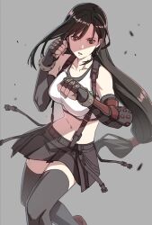 Rule 34 | 1girl, bare shoulders, black bra, black gloves, black hair, black skirt, black thighhighs, blurry, blurry foreground, boots, bra, breasts, clenched hands, collarbone, crop top, debris, decoponmagi, earrings, elbow gloves, elbow pads, feet out of frame, fighting stance, final fantasy, final fantasy vii, final fantasy vii remake, fingerless gloves, gloves, grey background, hair between eyes, hair tie, highres, jewelry, large breasts, long hair, low-tied long hair, materia, midriff, miniskirt, navel, parted lips, red eyes, shirt, skirt, sleeveless, sleeveless shirt, solo, sports bra, suspenders, thighhighs, tifa lockhart, underwear, white shirt, zettai ryouiki