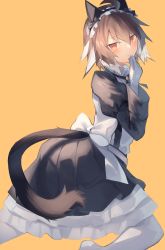 Rule 34 | 1girl, ahoge, animal ears, arknights, black dress, blush, brown hair, cat ears, cat tail, commentary request, dress, feet out of frame, frilled dress, frills, from behind, gloves, hair between eyes, hand on own face, highres, looking at viewer, maid, multicolored hair, orange background, orange eyes, plume (arknights), sasa onigiri, short hair, simple background, solo, tail, two-tone hair, white gloves, white hair, white legwear