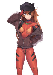 Rule 34 | 1girl, animal hat, arm up, black hat, blue eyes, bodysuit, breasts, brown hair, closed mouth, evangelion: 3.0 you can (not) redo, feet out of frame, gloves, hand in pocket, hand on headwear, hat, highres, jacket, long hair, long sleeves, looking at viewer, medium breasts, neon genesis evangelion, off shoulder, open clothes, open jacket, pak ce, partially unzipped, plugsuit, rebuild of evangelion, red bodysuit, red gloves, revision, solo, souryuu asuka langley, standing, track jacket, two side up