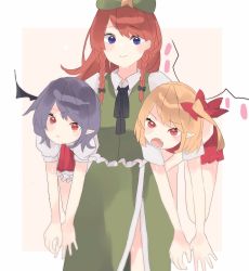 Rule 34 | 3girls, bad id, bad twitter id, bat wings, beret, blonde hair, blue eyes, blush stickers, bow, braid, carrying, carrying under arm, china dress, chinese clothes, dress, fang, flandre scarlet, green dress, hair bow, hat, highres, hong meiling, light purple hair, long hair, multiple girls, neck ribbon, no headwear, no headwear, pink dress, puffy short sleeves, puffy sleeves, ratako, red dress, red eyes, red hair, remilia scarlet, ribbon, short hair, short sleeves, side ponytail, simple background, star (symbol), touhou, twin braids, wings