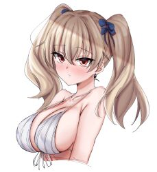 Rule 34 | 1girl, bikini, blue bow, blush, bow, breasts, cleavage, closed mouth, commentary request, erenav, expressionless, front-tie top, hair between eyes, hair bow, highres, large breasts, light brown hair, long bangs, long hair, looking at viewer, mahjong soul, red eyes, simple background, solo, swimsuit, twintails, upper body, white background, white bikini, xenia
