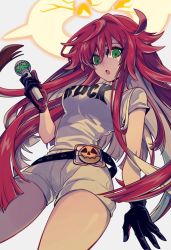 Rule 34 | 1girl, belt, black gloves, breasts, broken halo, spiked halo, denim, denim shorts, english text, gloves, green eyes, guilty gear, guilty gear strive, hair between eyes, halo, highres, jack-o&#039; valentine, long hair, mako gai, medium breasts, microphone, multicolored hair, open mouth, red hair, shirt, shorts, solo, two-tone hair, white hair, white shirt