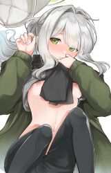 Rule 34 | 1girl, black pants, blue archive, blush, breasts, closed mouth, commentary request, fujisen, green eyes, green halo, green jacket, grey hair, hair intakes, halo, hare (blue archive), hare (camp) (blue archive), hat, highres, jacket, long hair, long sleeves, looking at viewer, lying, navel, nipples, nose blush, official alternate costume, on back, open clothes, open jacket, pants, parted bangs, ponytail, puffy long sleeves, puffy sleeves, small breasts, solo, stomach, unworn hat, unworn headwear, white hair