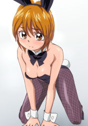 Rule 34 | 00s, 1girl, all fours, animal ears, bare shoulders, blush, bow, bowtie, breasts, brown eyes, brown hair, cleavage, detached collar, fake animal ears, fishnet pantyhose, fishnets, futari wa precure, leotard, misumi nagisa, oimanji, pantyhose, playboy bunny, precure, rabbit ears, rabbit tail, shiny clothes, shiny skin, short hair, solo, tail, wrist cuffs