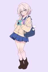 Rule 34 | 1girl, alternate costume, bag, blue background, blue bag, blue sailor collar, blue skirt, brown cardigan, brown footwear, camera, cardigan, character charm, closed mouth, commentary, english commentary, full body, hair intakes, highres, hitsukuya, holding, holding camera, honkai: star rail, honkai (series), looking at viewer, march 7th (honkai: star rail), pink eyes, pink hair, sailor collar, school bag, school uniform, short hair, sidelocks, simple background, skirt, smile, socks, solo, standing, stelle (honkai: star rail), trailblazer (honkai: star rail), white socks