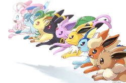 Rule 34 | :d, closed mouth, commentary request, creatures (company), eevee, espeon, evolutionary line, fang, flareon, from side, game freak, gen 1 pokemon, gen 2 pokemon, gen 4 pokemon, gen 6 pokemon, glaceon, happy, jolteon, leafeon, nako (nekono shippo75), nintendo, no humans, open mouth, pokemon, pokemon (creature), smile, sylveon, tongue, umbreon, vaporeon, white background