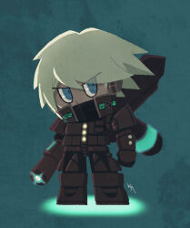 Rule 34 | 1boy, android, arm cannon, blue eyes, body armor, chibi, covered mouth, danganronpa (series), danganronpa v3: killing harmony, full body, green background, hakusoto, k1-b0, looking at viewer, male focus, solo, standing, swept bangs, weapon, wings