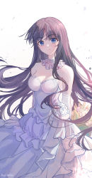 Rule 34 | 1girl, absurdres, blue eyes, blush, breasts, closed mouth, collar, dress, elbow gloves, flower, frilled collar, frilled dress, frills, gloves, highres, large breasts, lixiang guo alice, long hair, looking at viewer, purple hair, simple background, smile, solo, strapless, strapless dress, touma kazusa, white album (series), white album 2, white background, white dress, white flower, white gloves