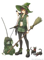 Rule 34 | 1girl, ace (playing card), ace of spades, backpack, bag, black thighhighs, boots, broom, brown eyes, brown hair, camouflage, card, cat, cigarette pack, combat boots, combat knife, commentary request, dated, dog tags, explosive, green hat, green jacket, green shirt, green shorts, grenade, gun, gun sling, hat, highres, holding, holding broom, jacket, jewelry, jungle style, knife, m18 grenade, m26 (frag grenade), m3 submachine gun, midriff, mifune ( mifune 707), military, military uniform, necklace, original, playing card, product placement, radio, shirt, shorts, smile, smoke grenade, solo, spade (shape), submachine gun, thighhighs, twitter username, uniform, unworn backpack, unworn bag, vietnam war, weapon, white background, witch